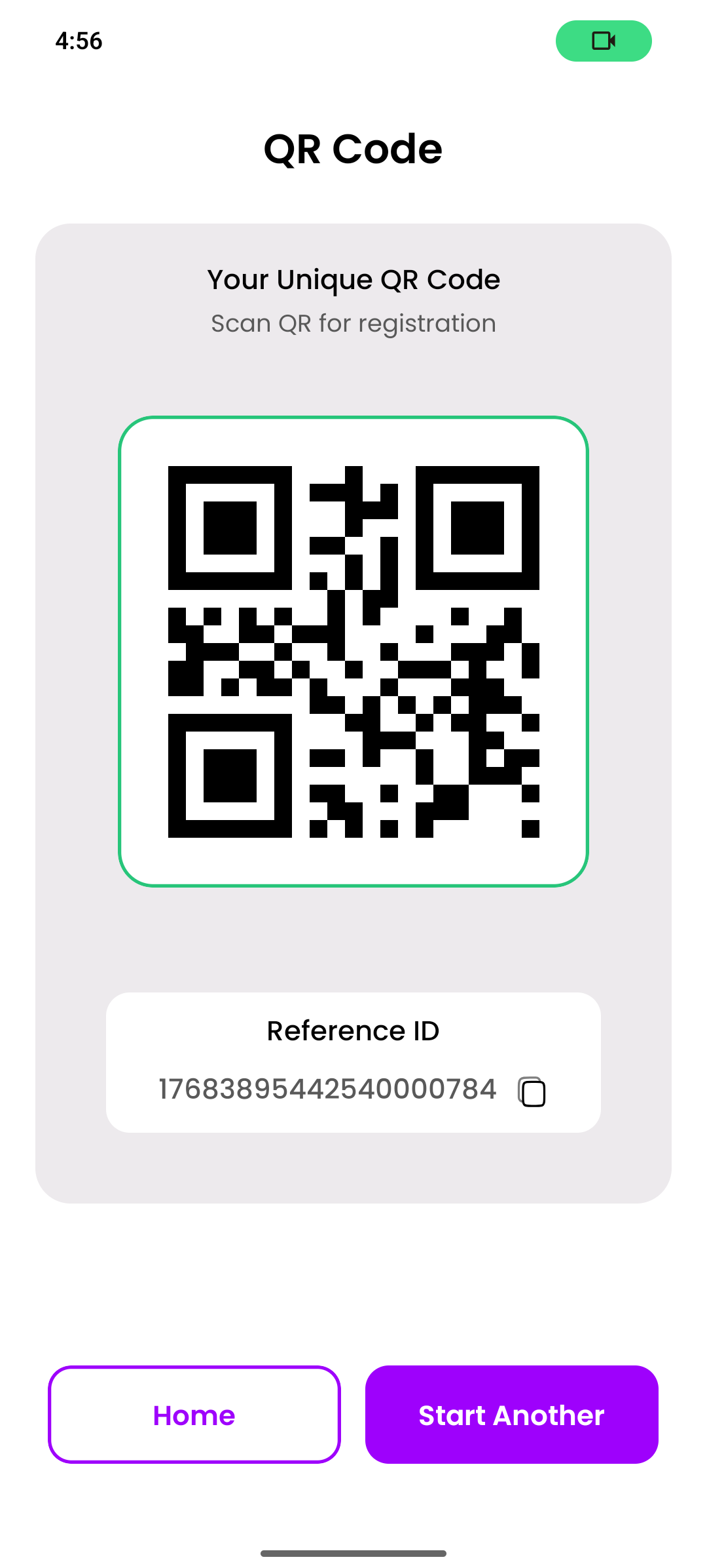 QR Code Screen - Your unique registration QR code and reference ID
