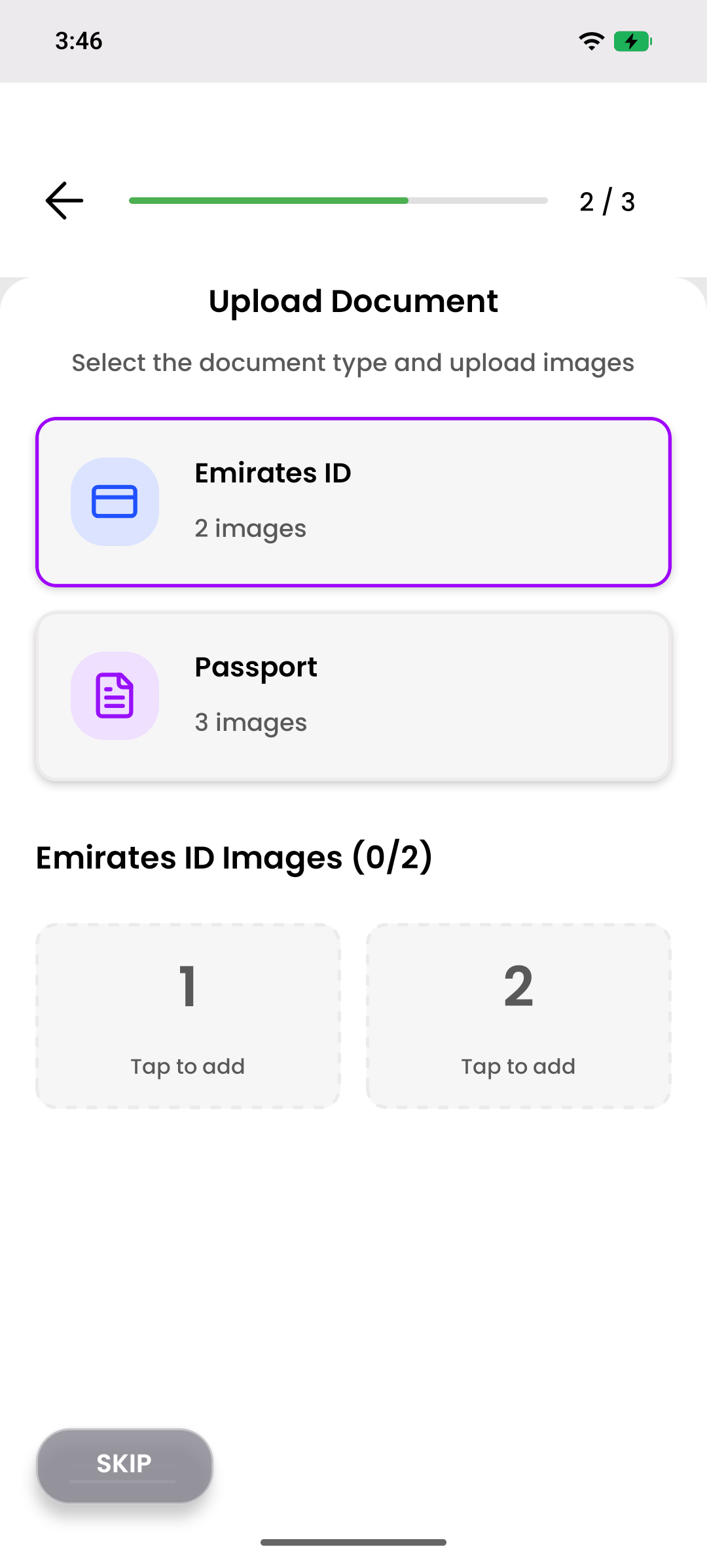 Step 2: Upload Documents - Select document type and upload required images